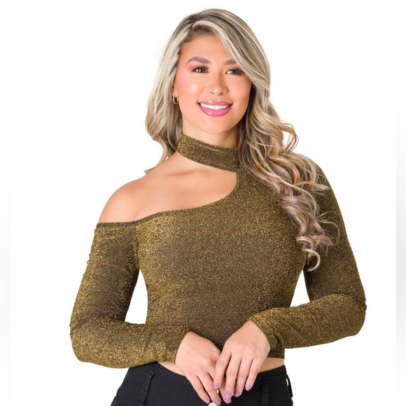NWOT Julia Womens Size L Gold Glitter One Shoulder Choker Long Sleeve Top - Picture 1 of 7